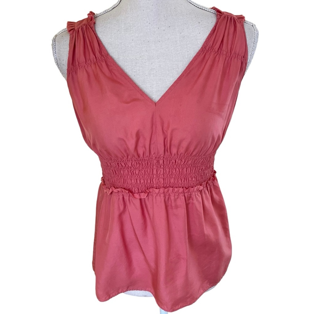 Banana Republic Coral Silk Sleeveless Smocked Waist Blouse XS